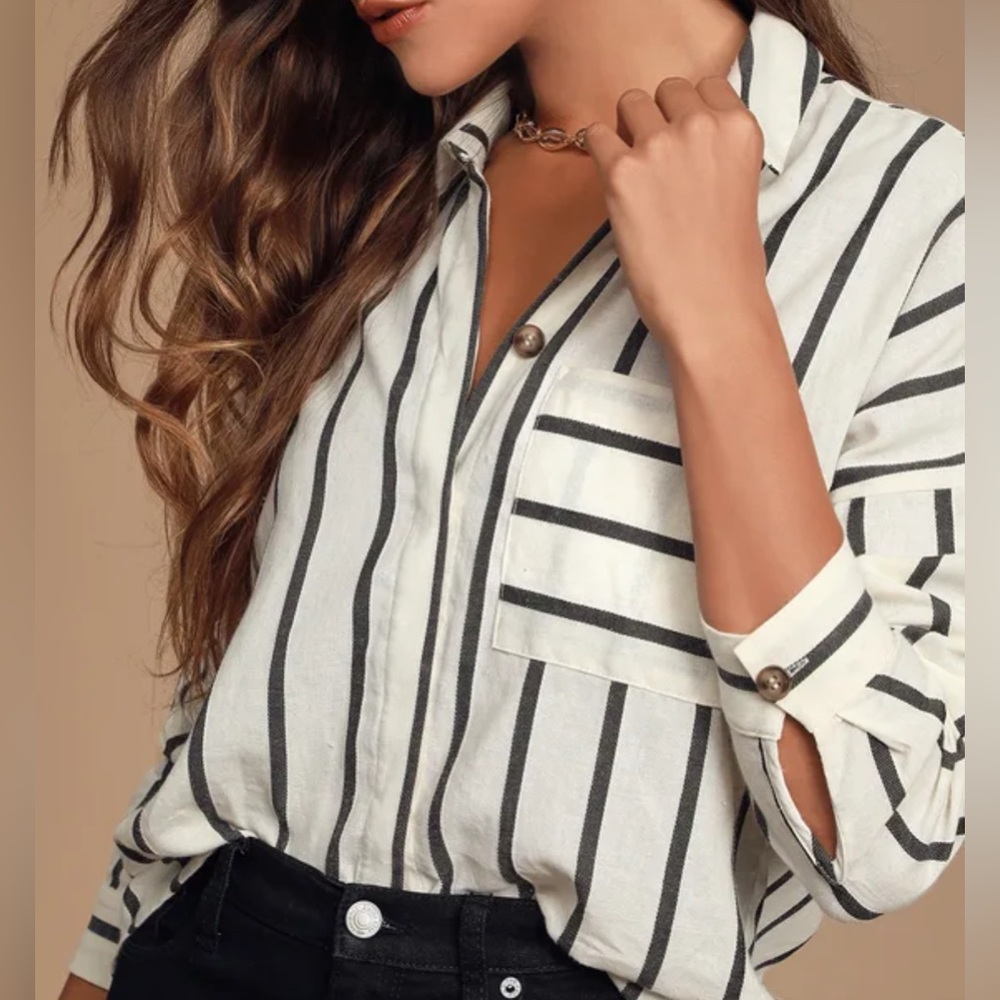 Amelia Dawn Off-White Striped Long Sleeve Button-Up Top